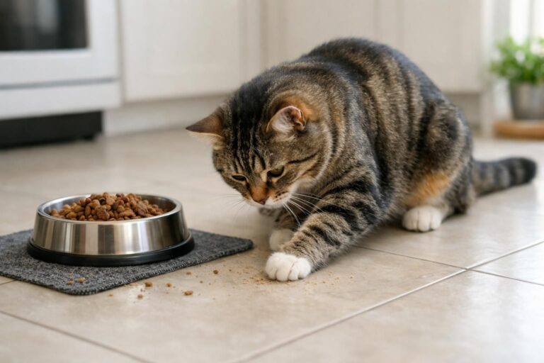 Pourquoi votre chat gratte le sol à côté de sa gamelle avant ou après avoir mangé